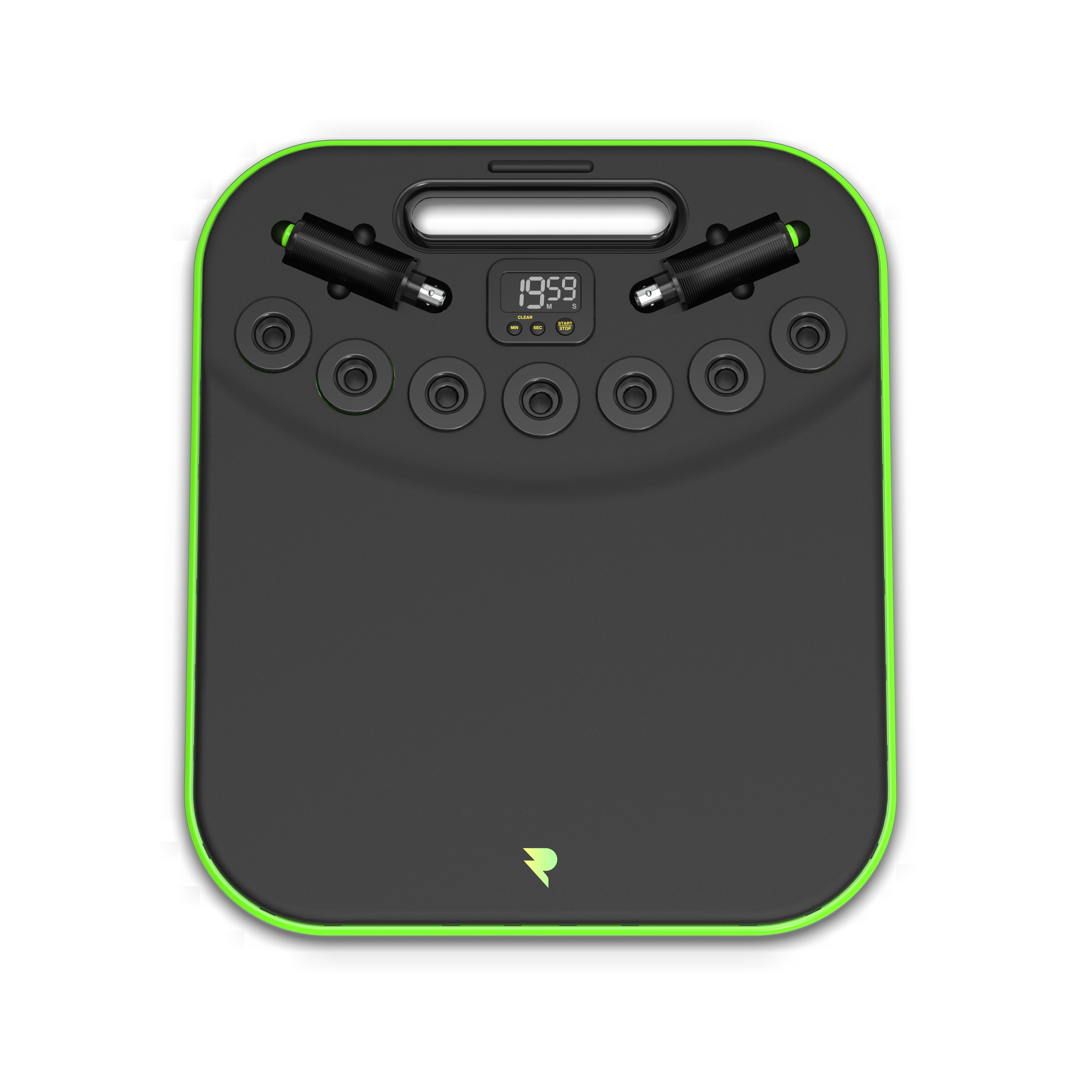 Black electronic device with green edges, multiple sockets, and a digital display showing '19:59'.