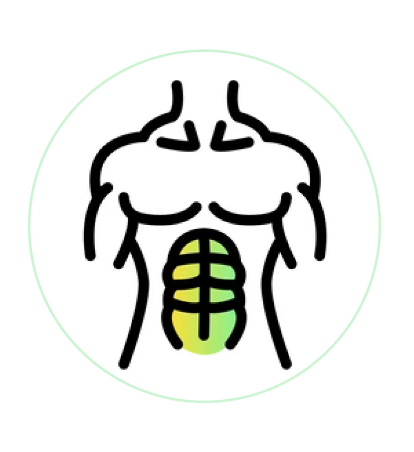 Stylized illustration of a human muscular upper body within a green circle.